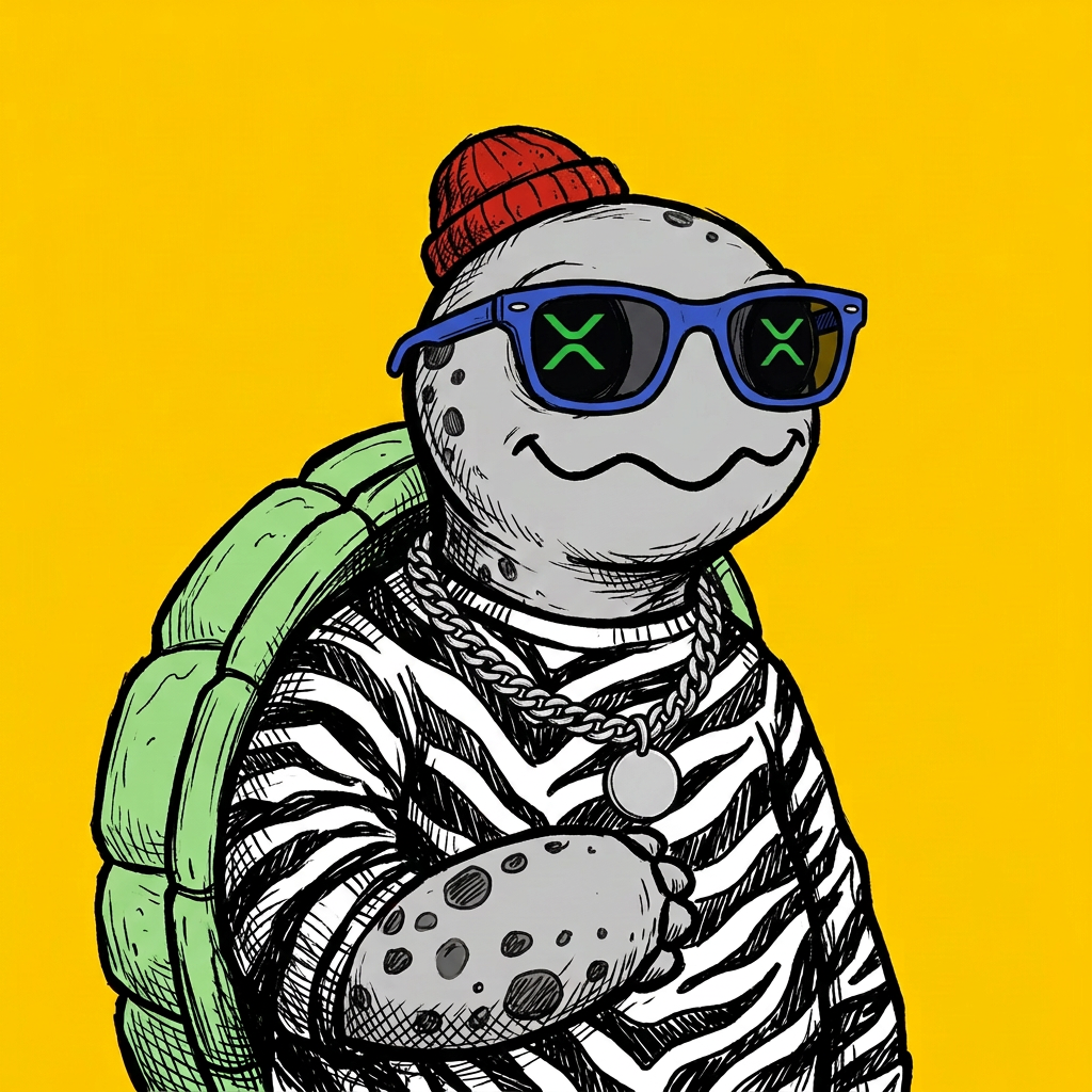 Hand-inked silver LEDG turtle with a red beanie and zebra-striped sweatshirt on yellow