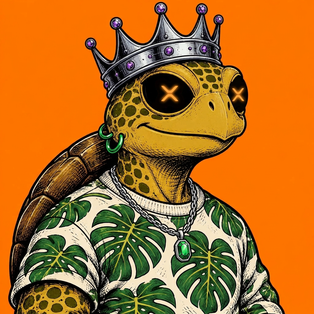 Hand-inked olive-gold LEDG turtle with a bronze crown and tropical leaf sweatshirt on orange