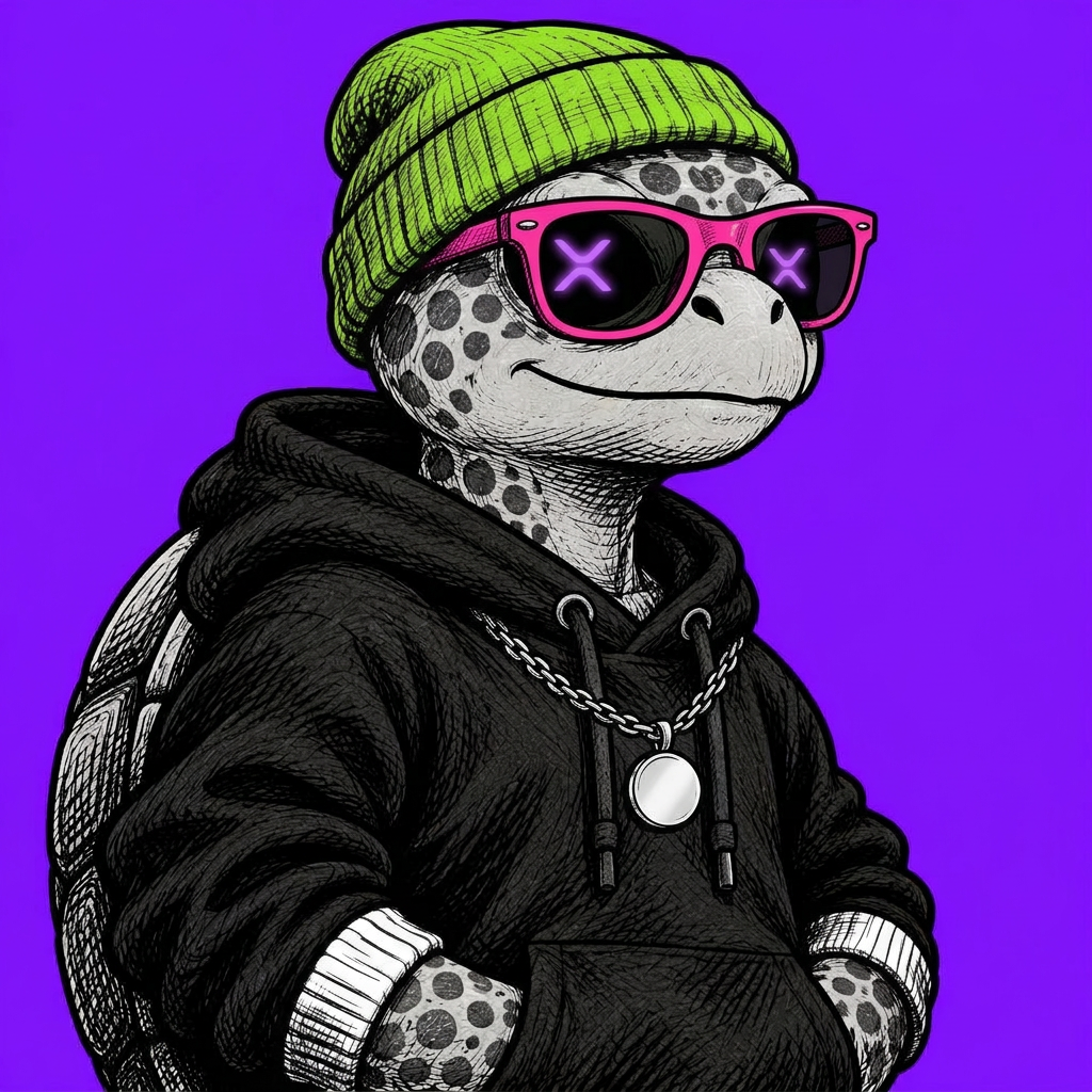 Hand-inked silver LEDG turtle with a purple beanie and a black hoodie bearing an XRP emblem on purple